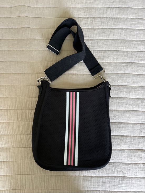 Handbags - Black Messenger Bag with Pink & White Center Stripes